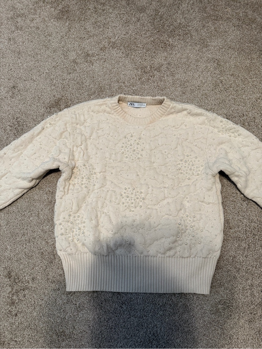 Zara Cream Pearl-Accent Cable Knit Crewneck Sweater